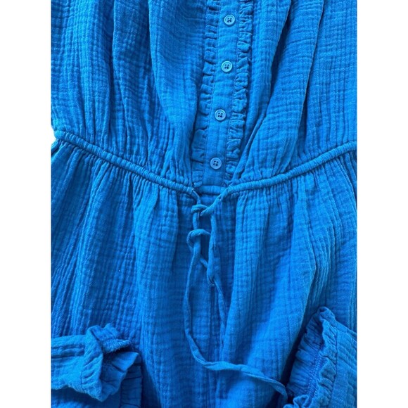 BP Seersucker Off The Shoulder Romper Blue Ruffle Casual Size Small Tie Classic - Picture 6 of 10